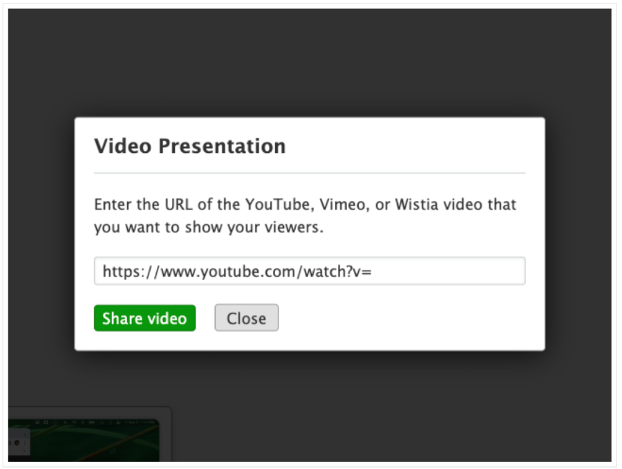 Share video pop-up with an entry bar for video URLs to be sent to meeting participants.